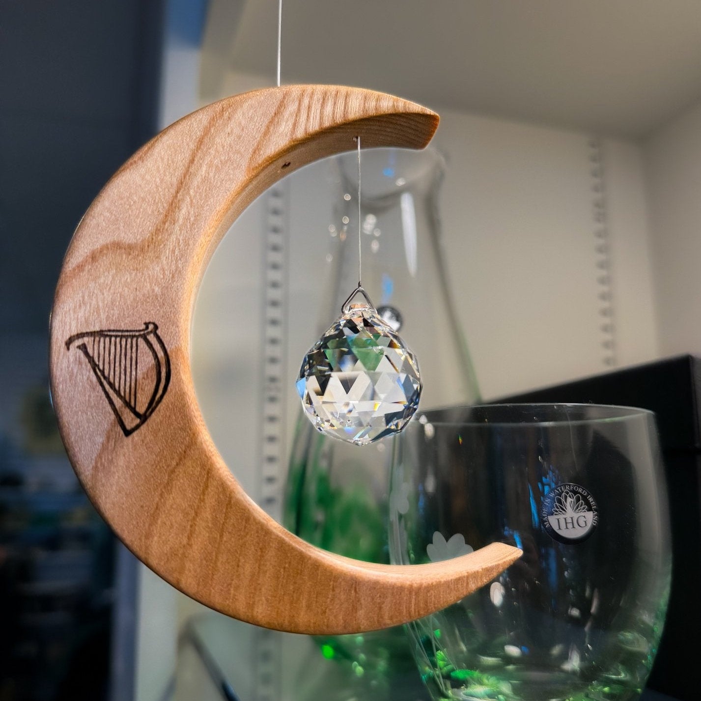 Celtic Moon Suncatcher - Crystal Sphere and Irish Harp (Medium) - The Celtic Gift Store - Decor