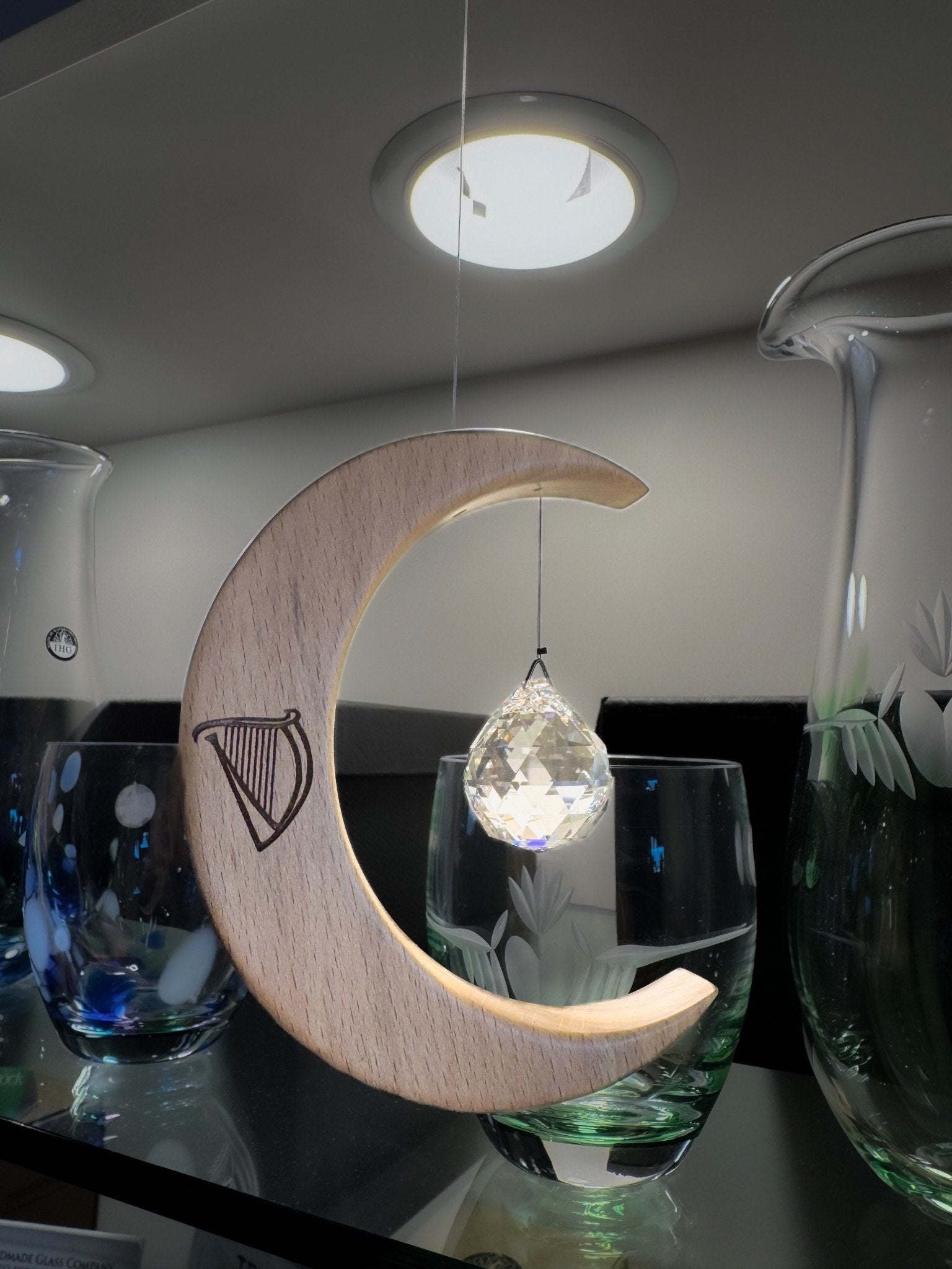 Celtic Moon Suncatcher - Crystal Sphere and Irish Harp (Medium) - The Celtic Gift Store - Decor