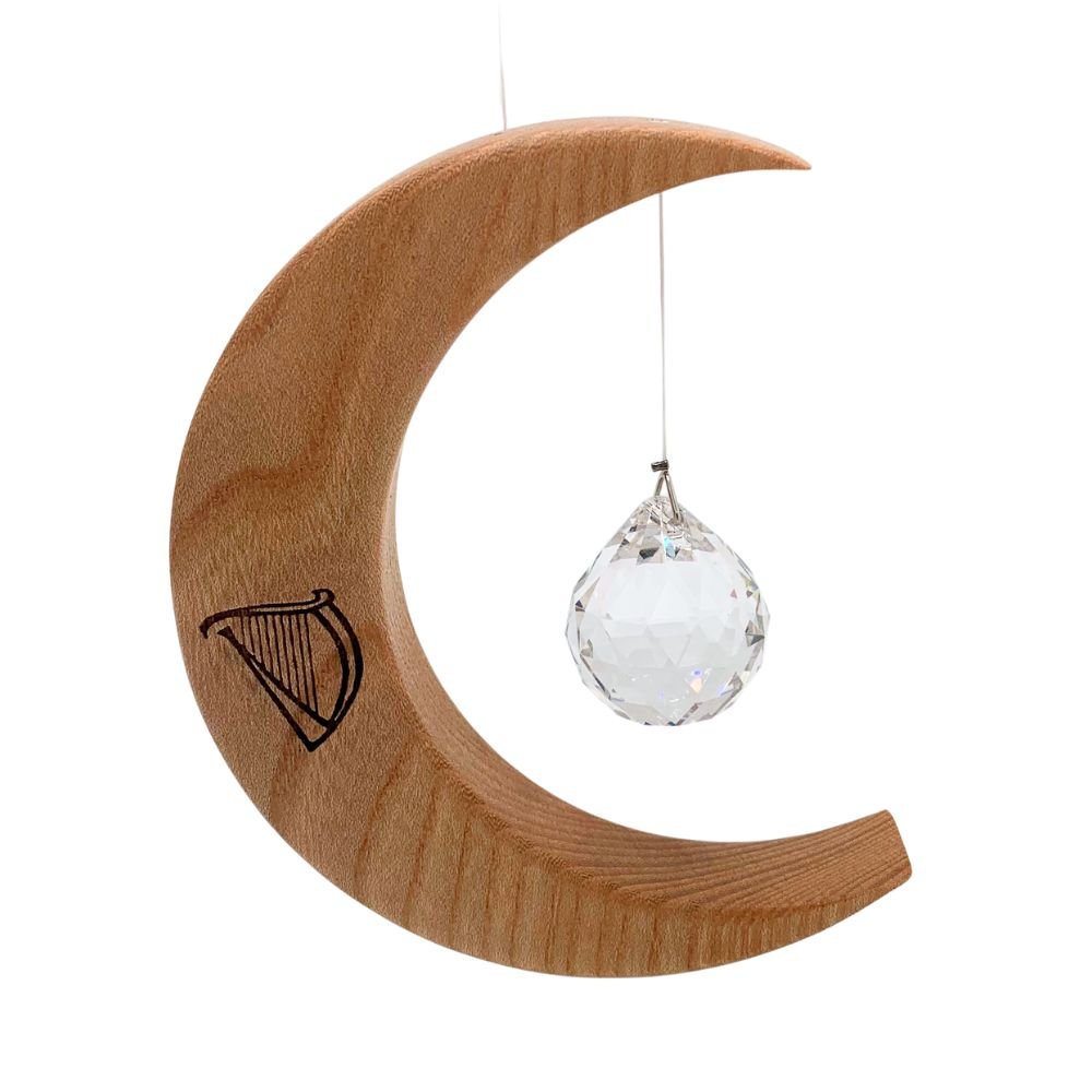 Celtic Moon Suncatcher- Crystal Sphere and Irish Harp (Medium) - The Celtic Gift Store - Decor