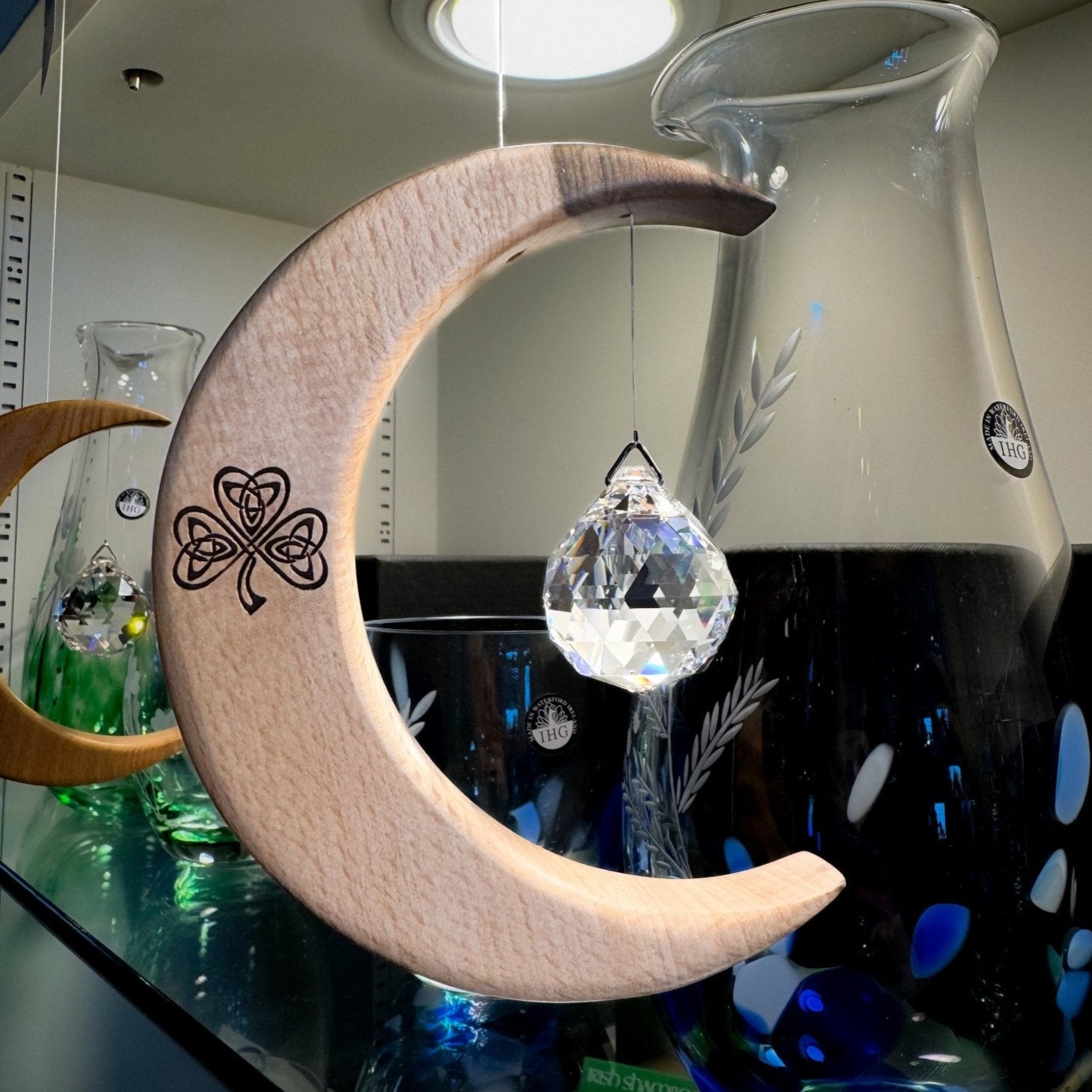 Celtic Moon Suncatcher - Crystal Sphere and Shamrock (Medium) - The Celtic Gift Store - Decor