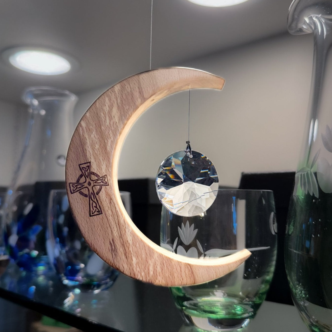 Celtic Moon Suncatcher - Crystal Sun and Celtic Cross (Medium) - The Celtic Gift Store - Decor