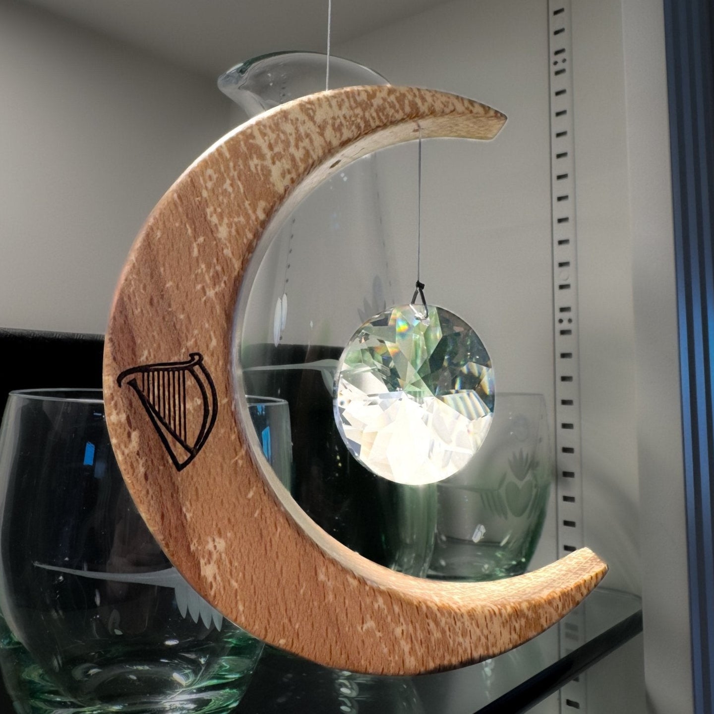 Celtic Moon Suncatcher - Crystal Sun and Irish Harp (Medium) - The Celtic Gift Store - Decor