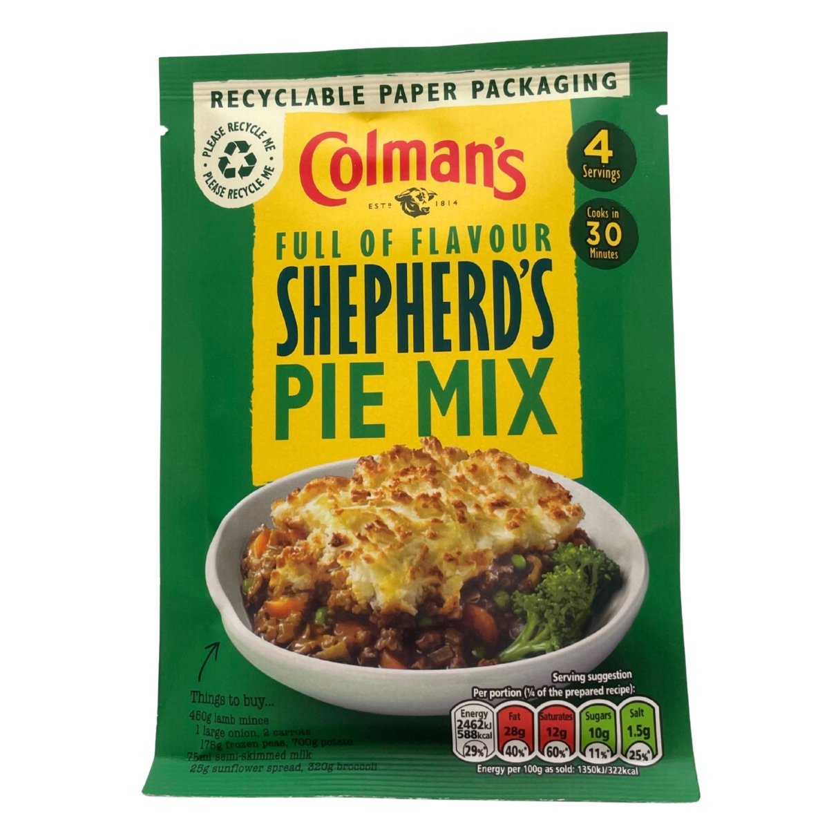 Packaging of Colman's Shepherd's Pie Mix with a bowl of pie on a white background
