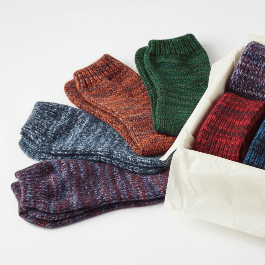Colorful knitted socks on a white background