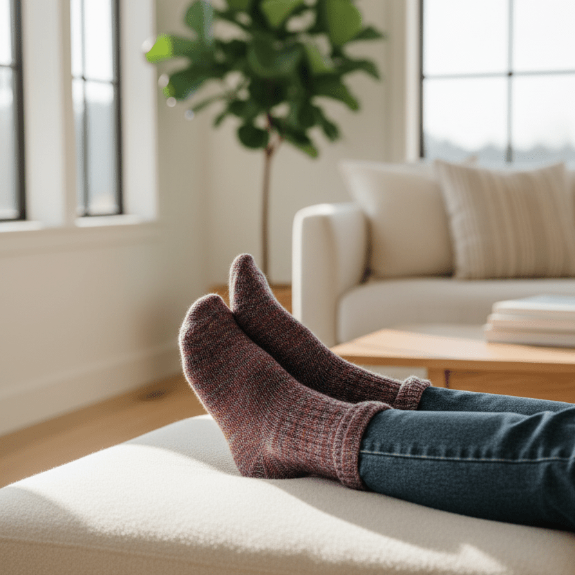 Person wearing socks relaxing on a couch in a bright living room with a plant and books.