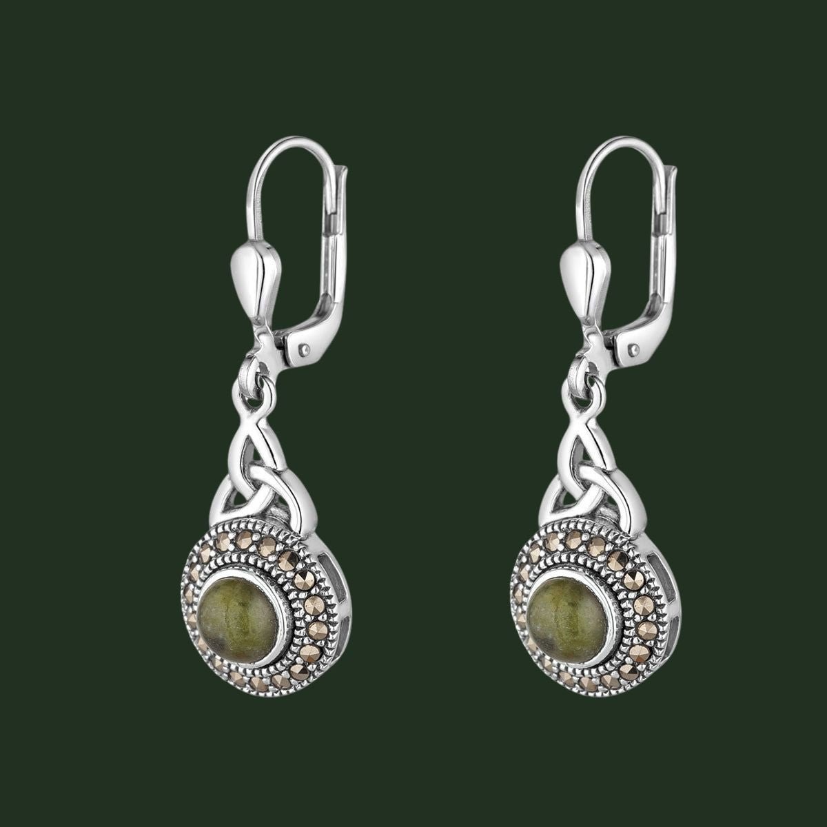 Connemara Marble and Marcasite Celtic Round Trinity Drop Earrings