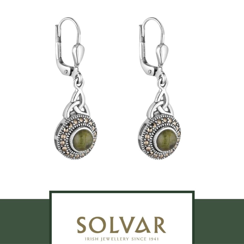 Connemara Marble and Marcasite Celtic Round Trinity Drop Earrings