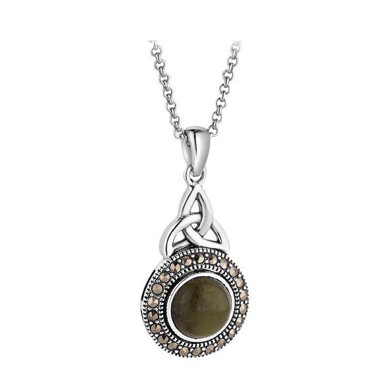Connemara Marble and Marcasite Celtic Round Trinity Necklace - The Celtic Gift Store - Necklaces