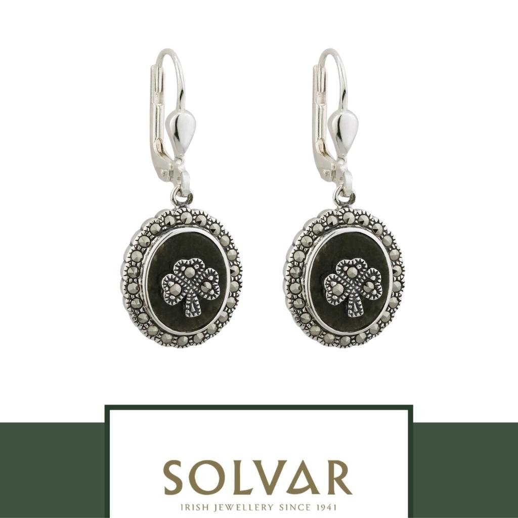 Connemara Marble and Marcasite Round Shamrock Drop Earrings
