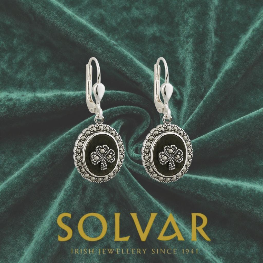 Connemara Marble and Marcasite Round Shamrock Drop Earrings