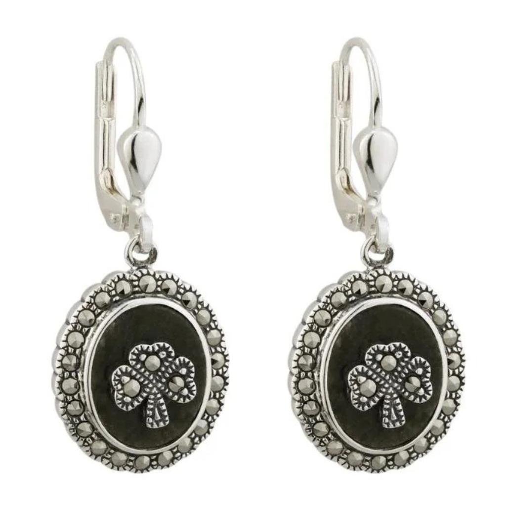 Connemara Marble and Marcasite Round Shamrock Drop Earrings