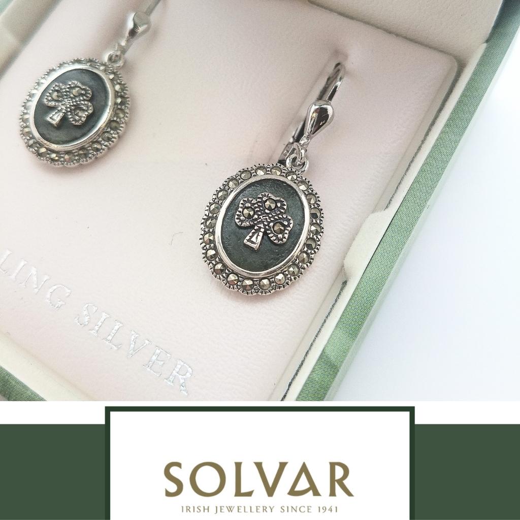 Connemara Marble and Marcasite Round Shamrock Drop Earrings