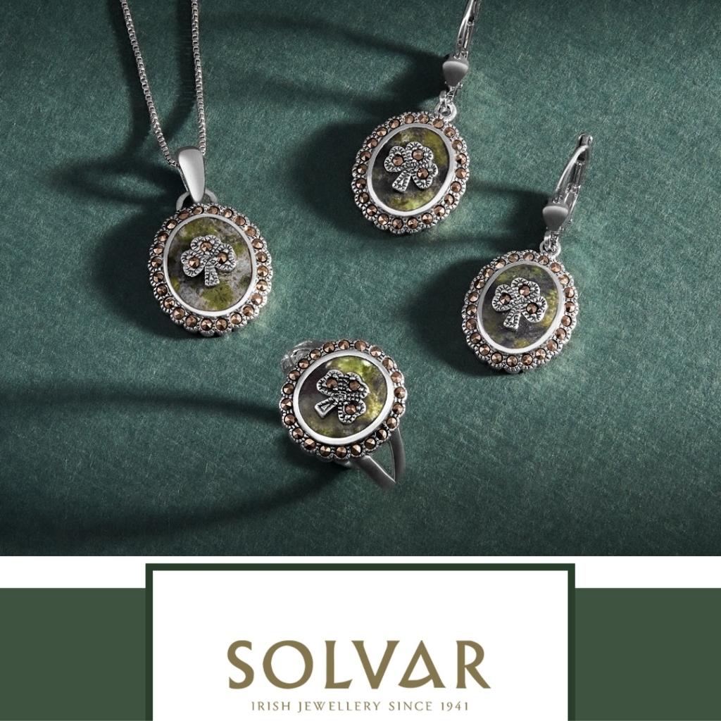 Connemara Marble and Marcasite Round Shamrock Drop Earrings