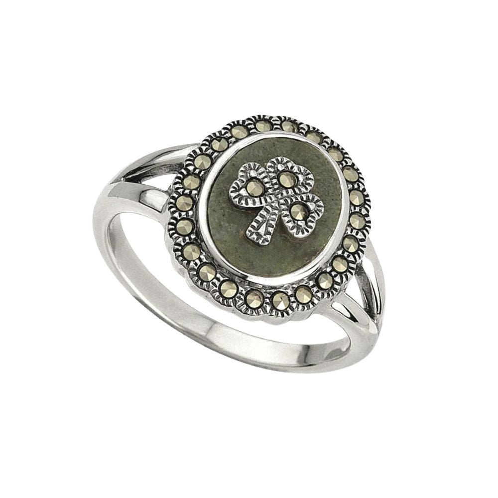 Connemara Marble and Marcasite Round Shamrock Ring Irish Made Sterling Silver Jewelry