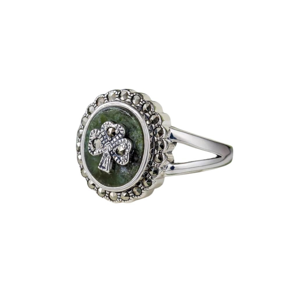 Connemara Marble and Marcasite Round Shamrock Ring