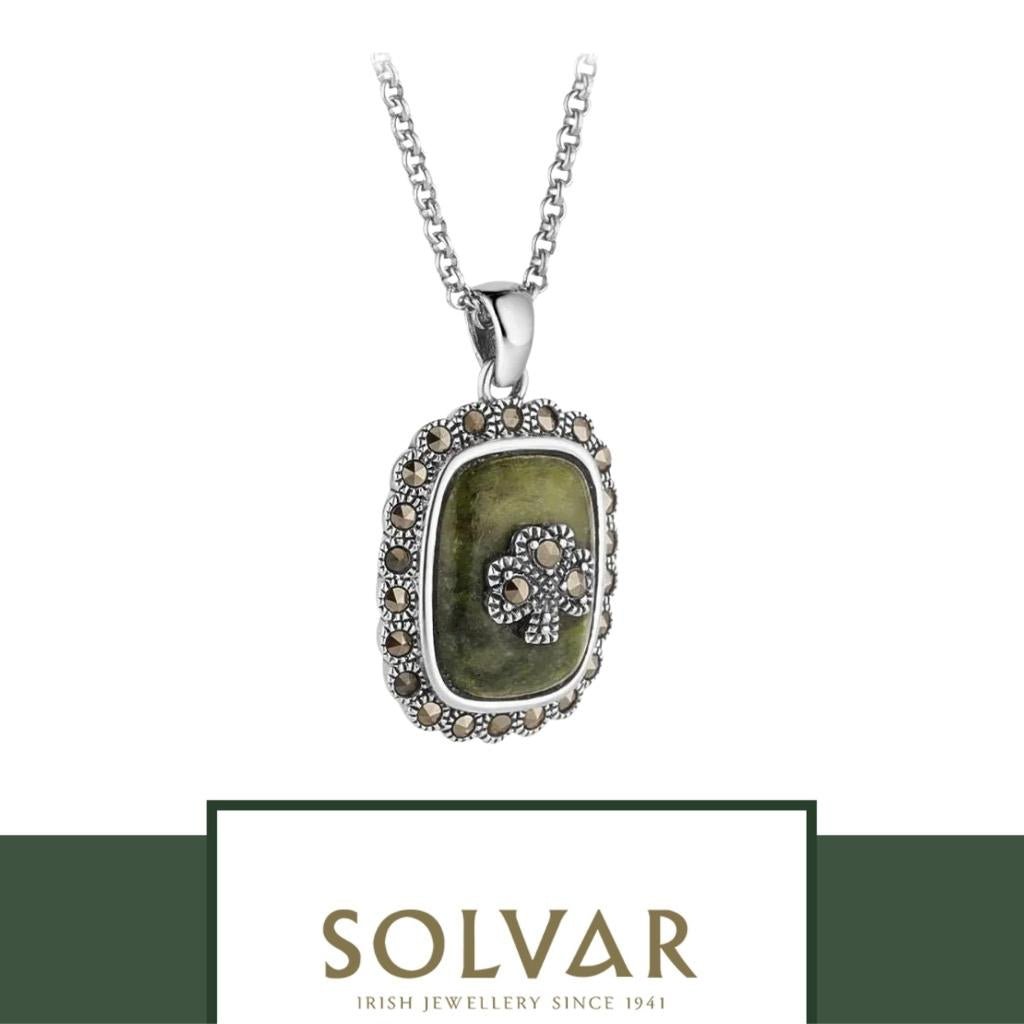 Connemara Marble and Marcasite Square Shamrock Necklace
