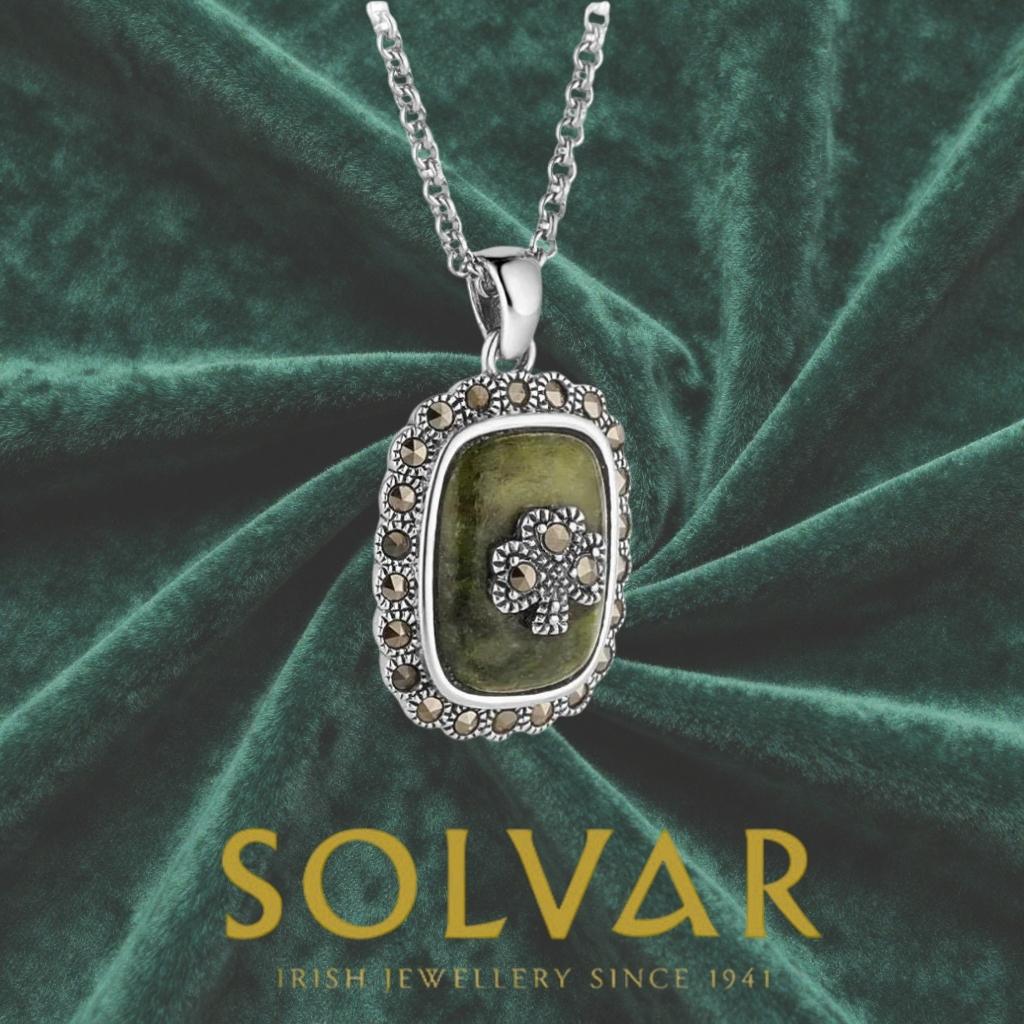 Connemara Marble and Marcasite Square Shamrock Necklace