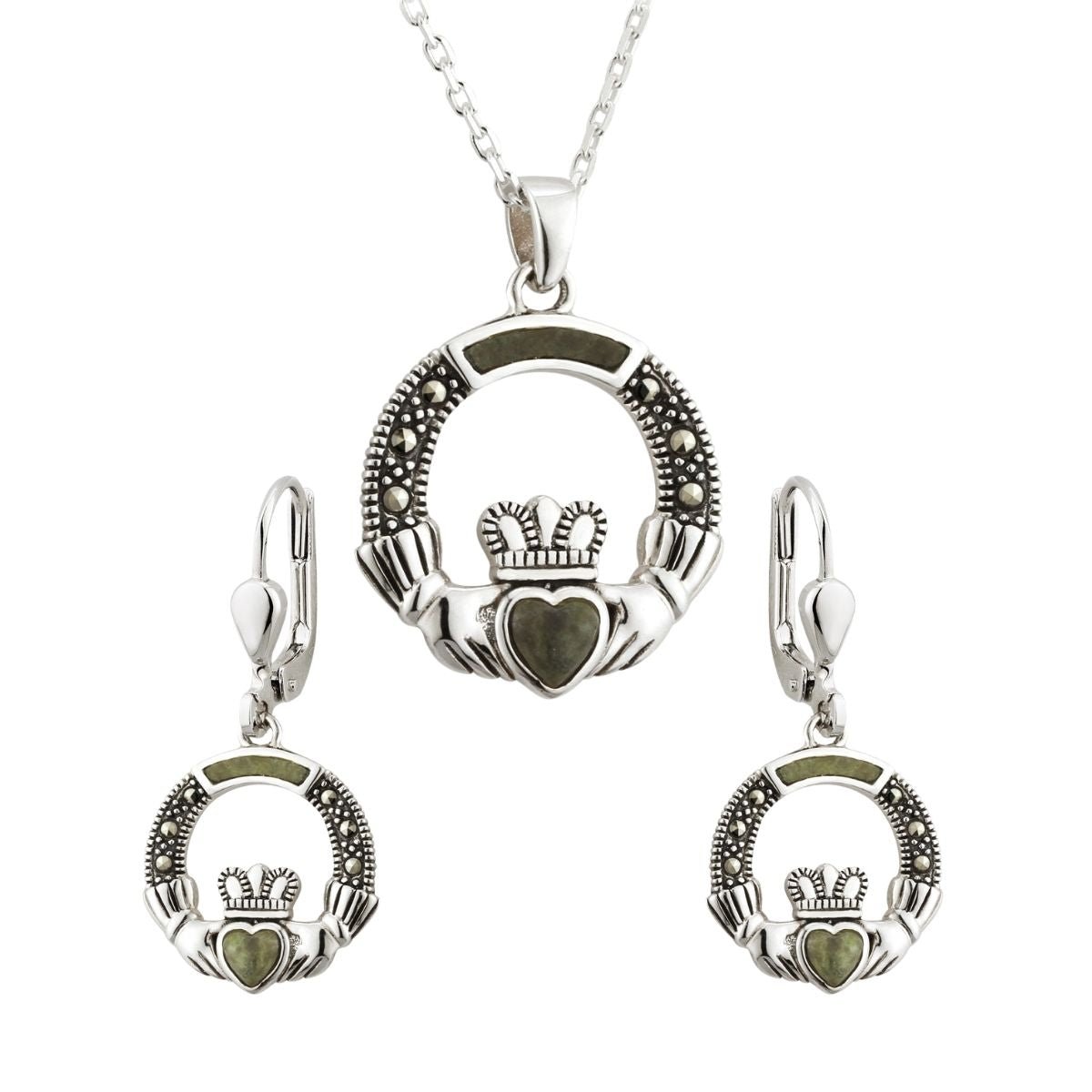 Connemara Marble and Marcasite Sterling Silver Claddagh Drop Earrings