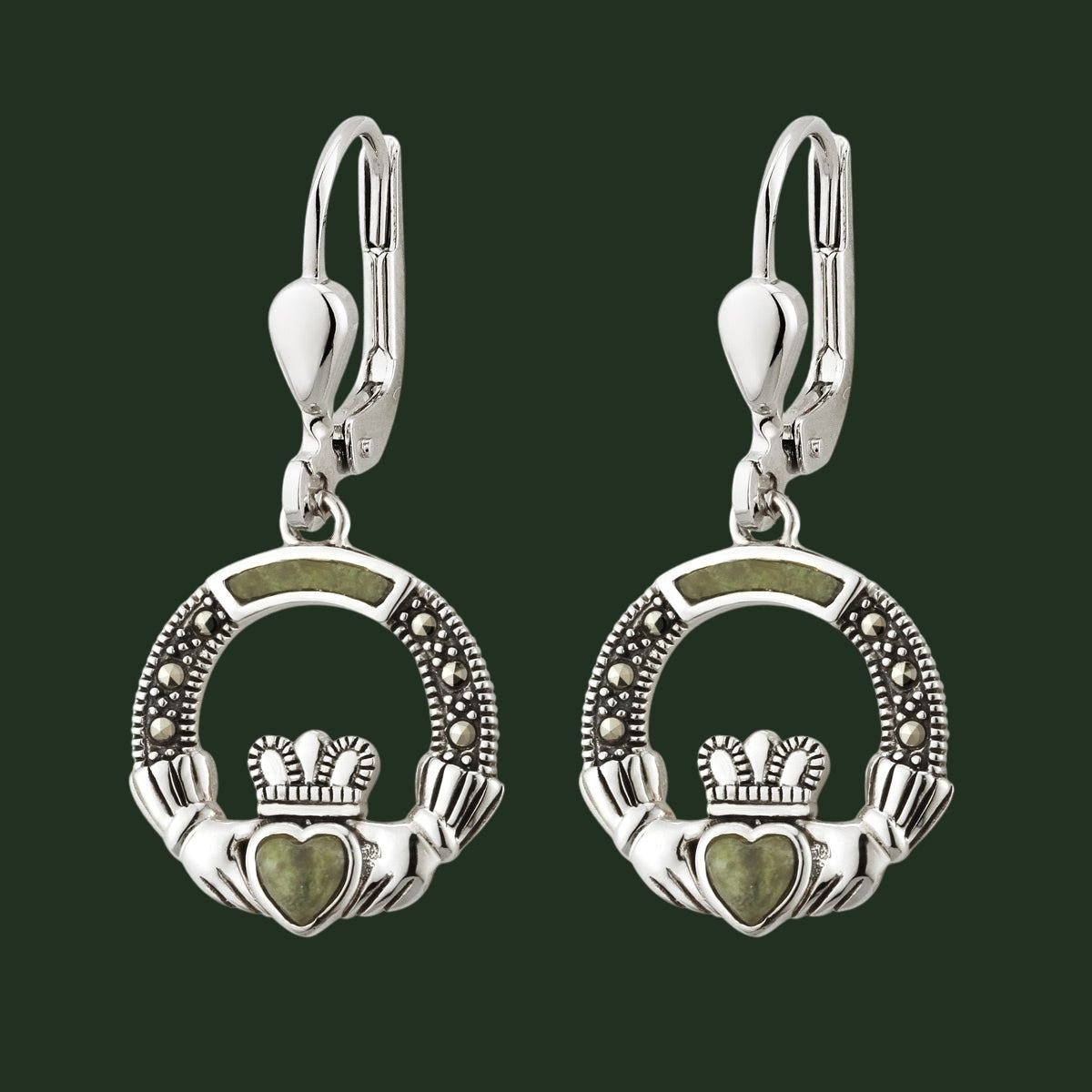 Connemara Marble and Marcasite Sterling Silver Claddagh Drop Earrings