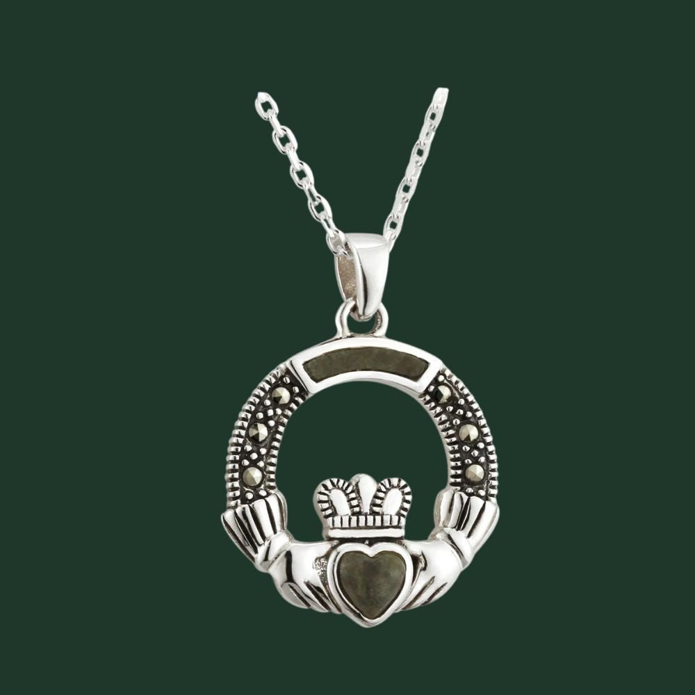 Connemara Marble and Marcasite Sterling Silver Claddagh Necklace