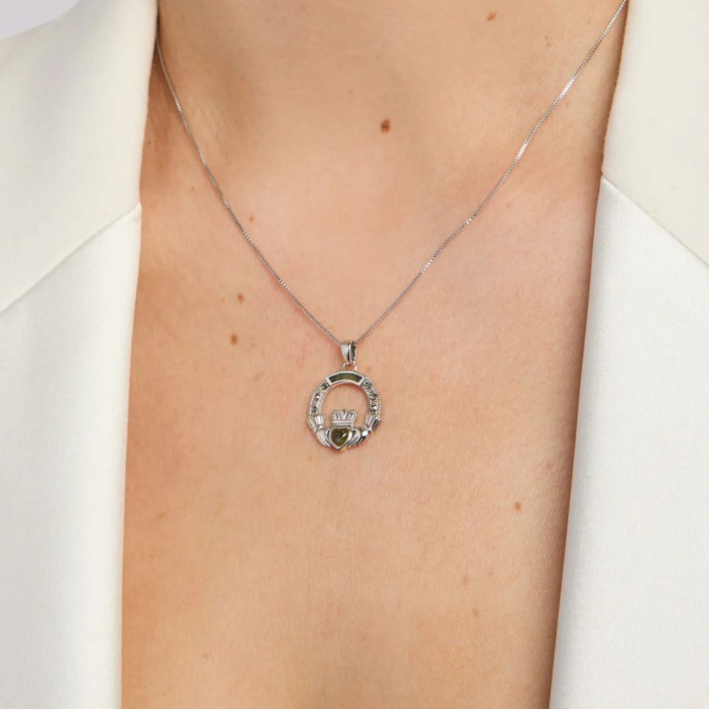 Connemara Marble and Marcasite Sterling Silver Claddagh Necklace