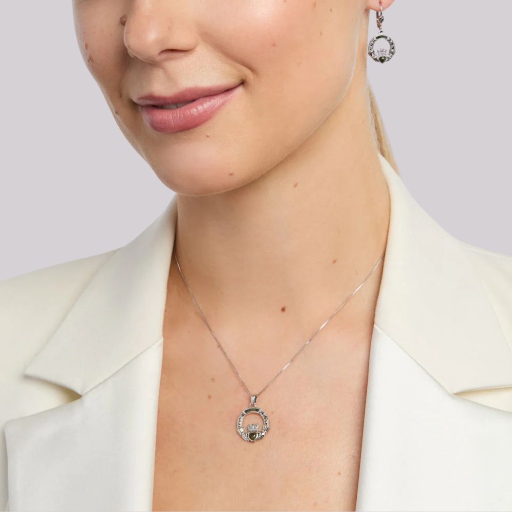 Connemara Marble and Marcasite Sterling Silver Claddagh Necklace