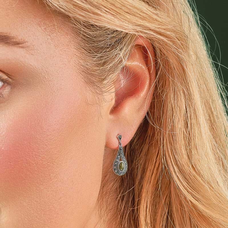 Connemara Marble and Marcasite Sterling Silver Earrings - The Celtic Gift Store - Earrings