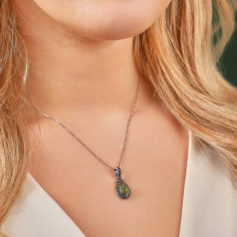 Connemara Marble and Marcasite Sterling Silver Loop Necklace - The Celtic Gift Store - Necklaces