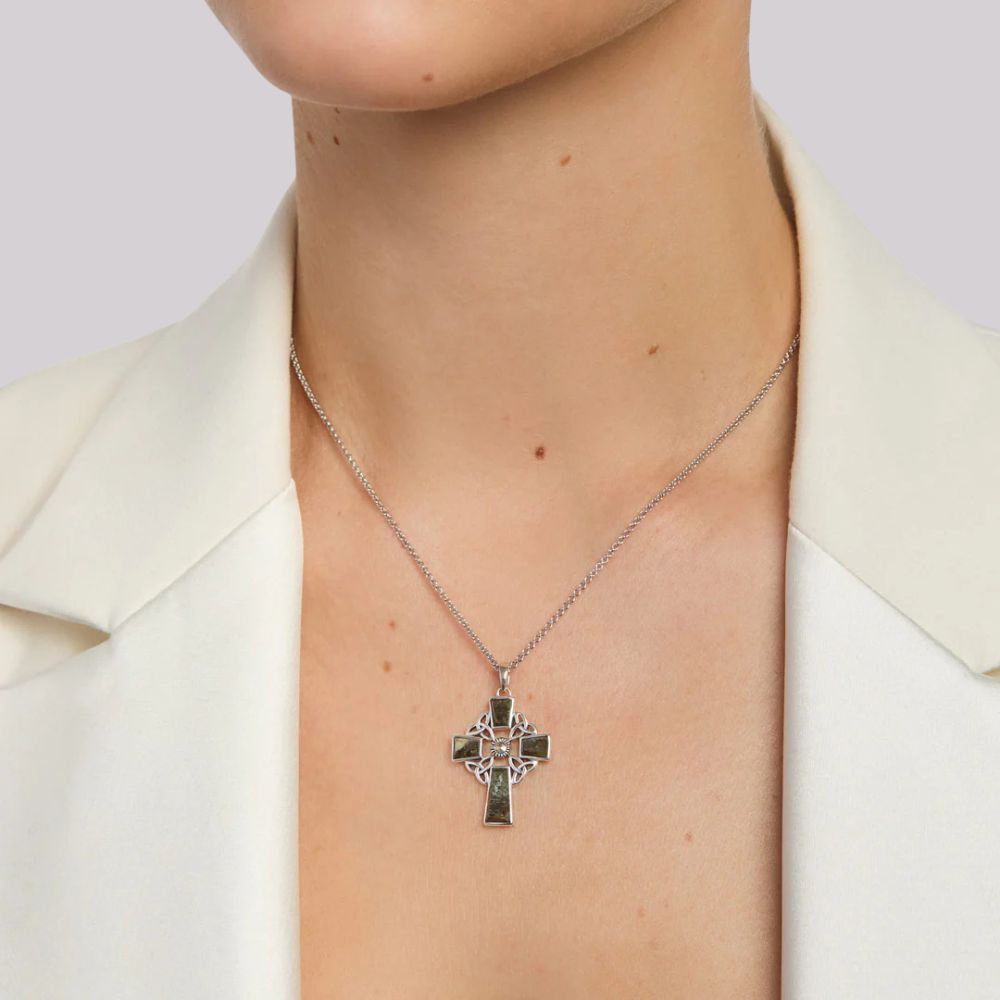 Connemara Marble and Marcasite Trinity Knot Celtic Cross