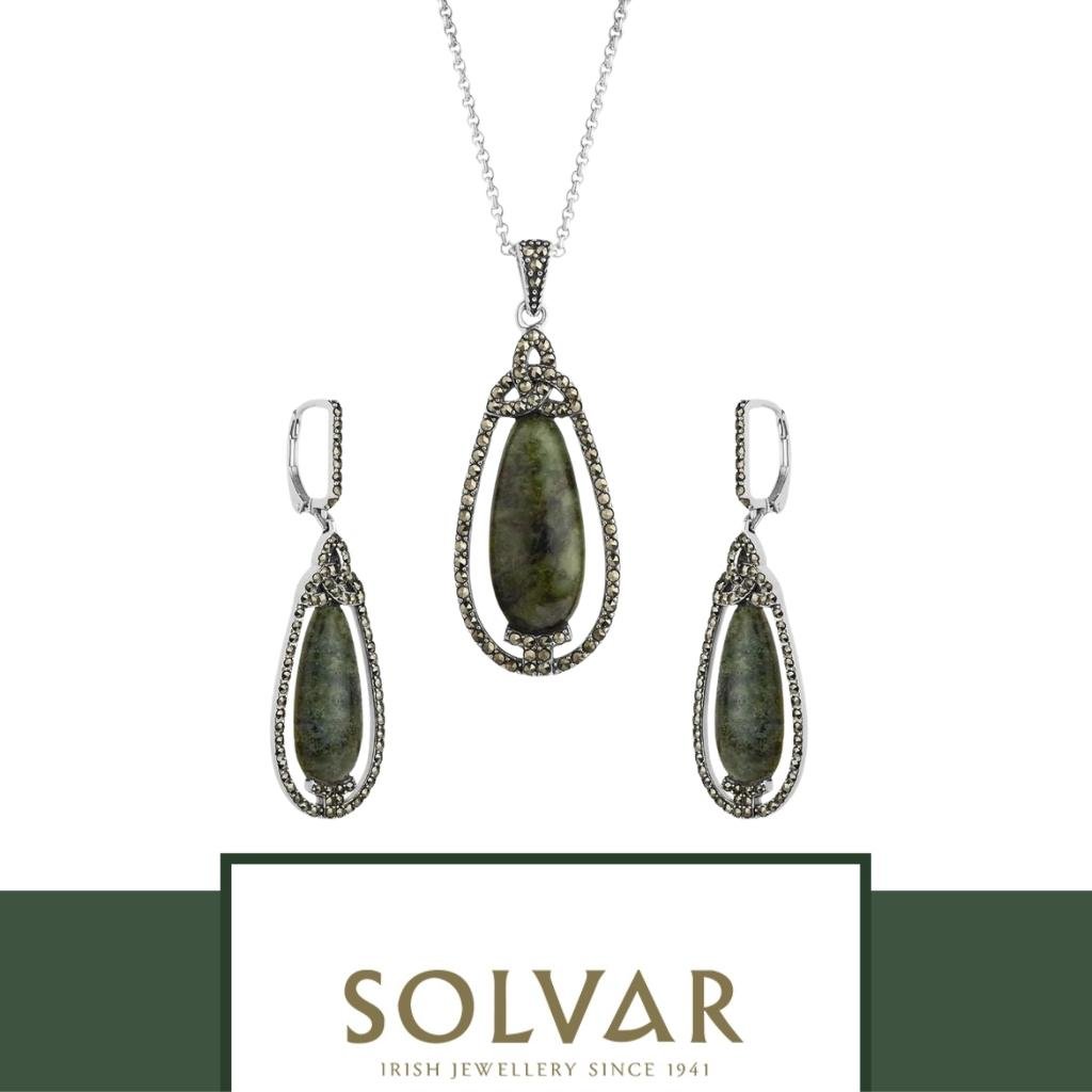 Connemara Marble and Marcasite Trinity Knot Drop Earrings