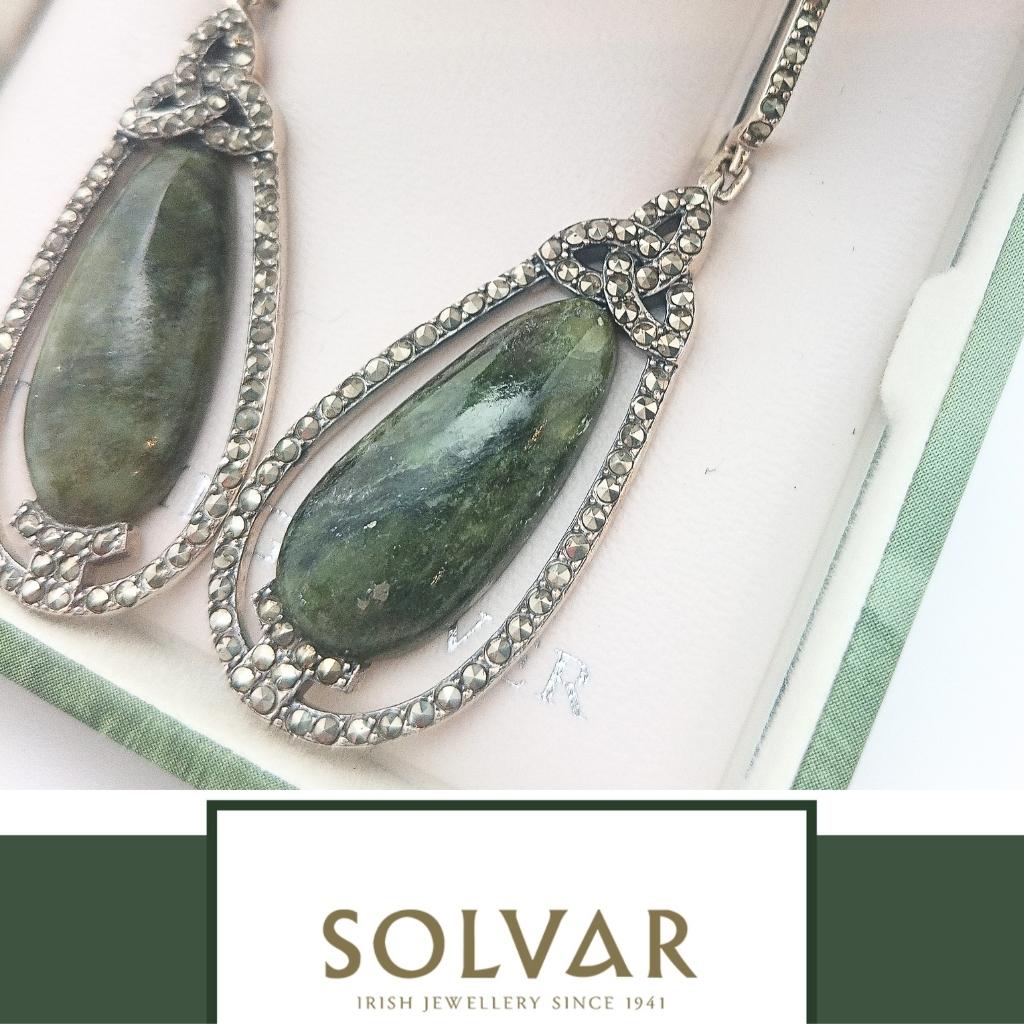 Connemara Marble and Marcasite Trinity Knot Drop Earrings