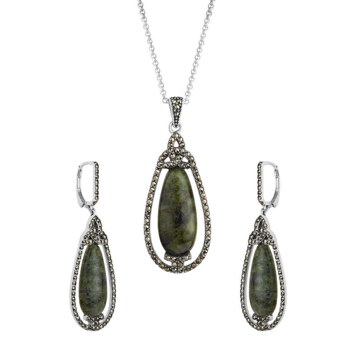 Connemara Marble and Marcasite Trinity Knot Drop Earrings