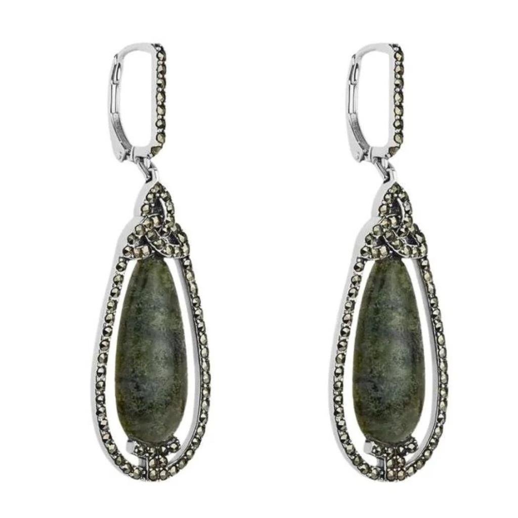 Connemara Marble and Marcasite Trinity Knot Drop Earrings
