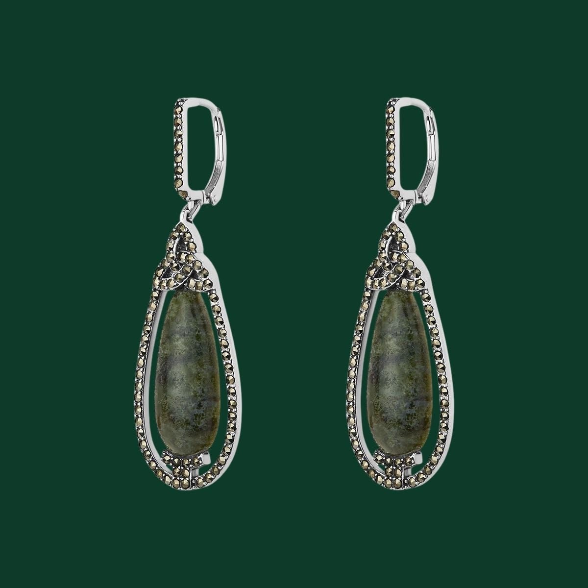 Connemara Marble and Marcasite Trinity Knot Drop Earrings