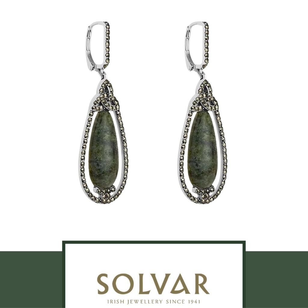 Connemara Marble and Marcasite Trinity Knot Drop Earrings