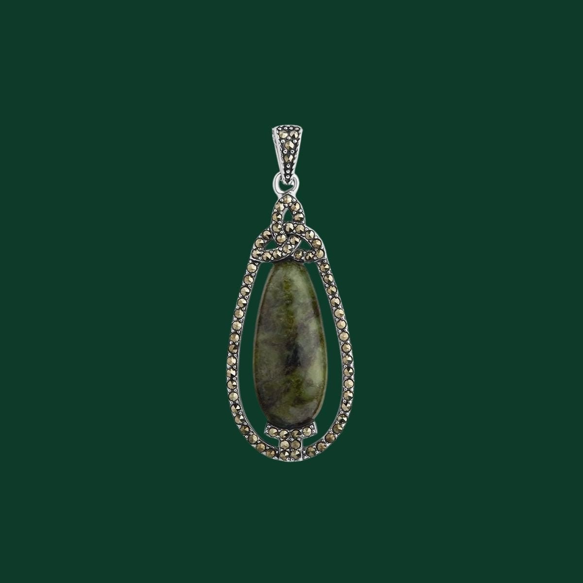 Connemara Marble and Marcasite Trinity Knot Drop Necklace