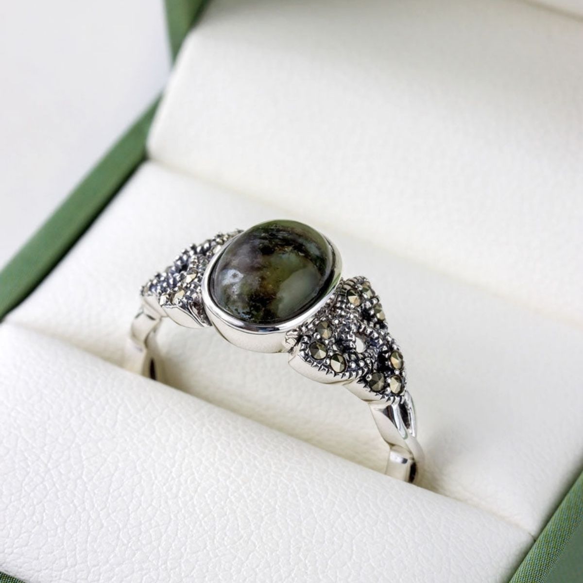 Connemara Marble and Marcasite Trinity Knot Ring