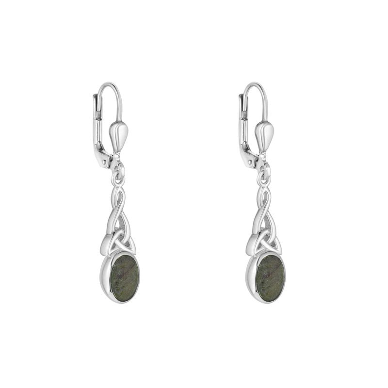 Connemara Marble and Sterling Silver Long Trinity Knot Drop Earrings - The Celtic Gift Store - Earrings