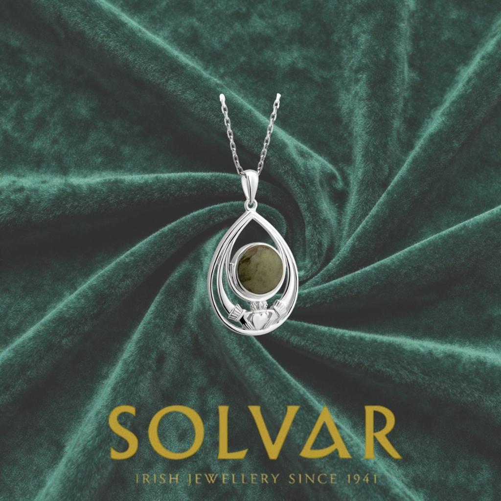 Connemara Marble and Sterling Silver Tear Drop Claddagh Necklace