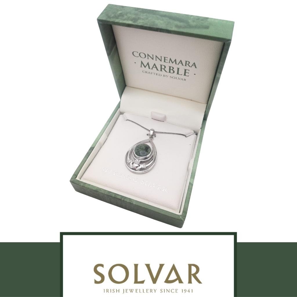 Connemara Marble and Sterling Silver Tear Drop Claddagh Necklace