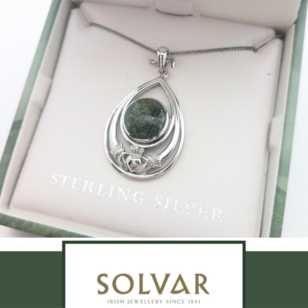 Connemara Marble and Sterling Silver Tear Drop Claddagh Necklace