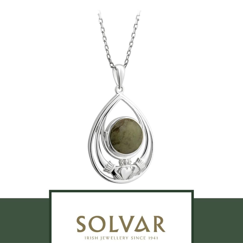 Connemara Marble and Sterling Silver Tear Drop Claddagh Necklace