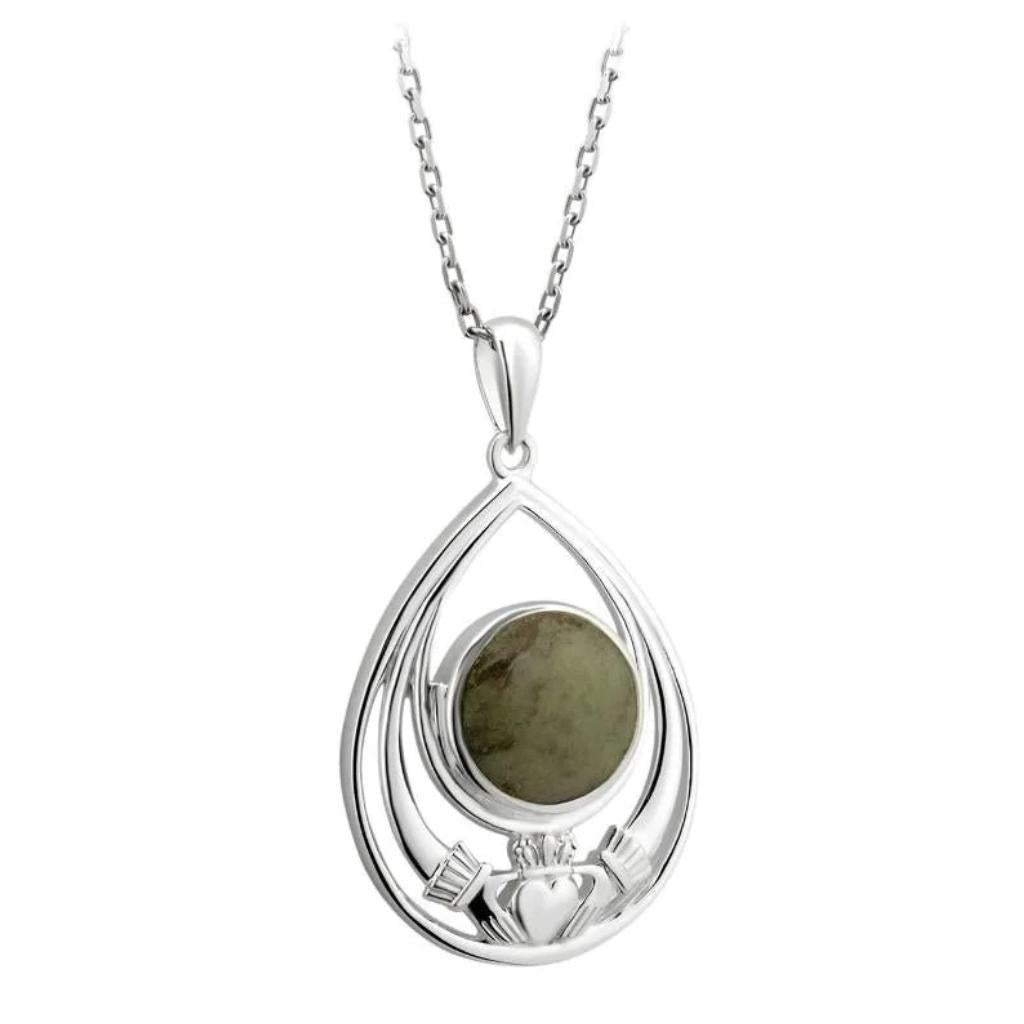 Connemara Marble and Sterling Silver Tear Drop Claddagh Necklace