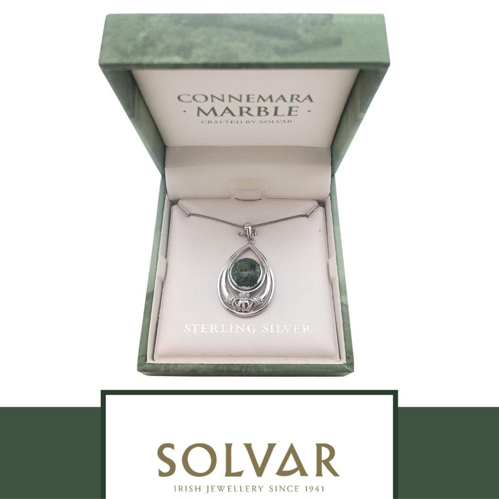 Connemara Marble and Sterling Silver Tear Drop Claddagh Necklace