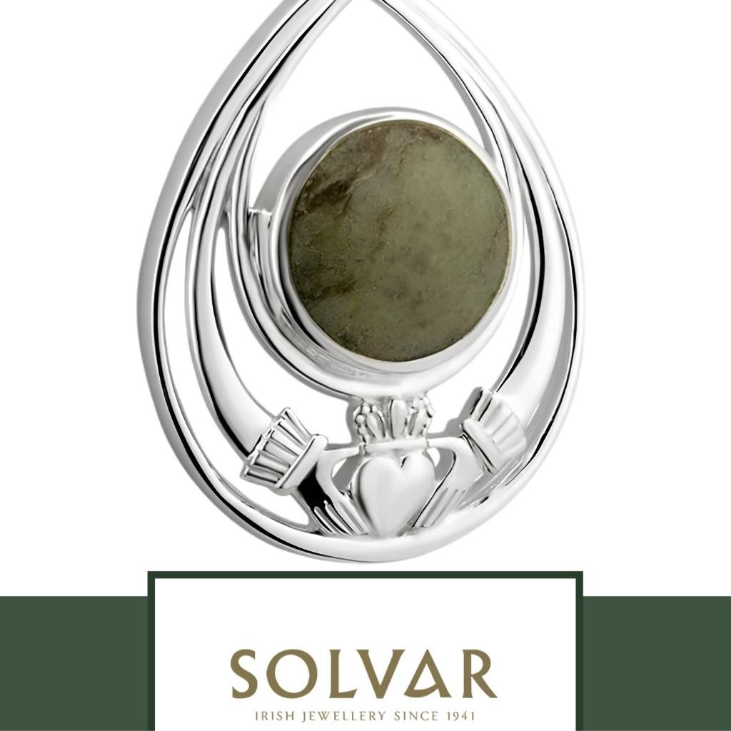 Connemara Marble and Sterling Silver Tear Drop Claddagh Necklace