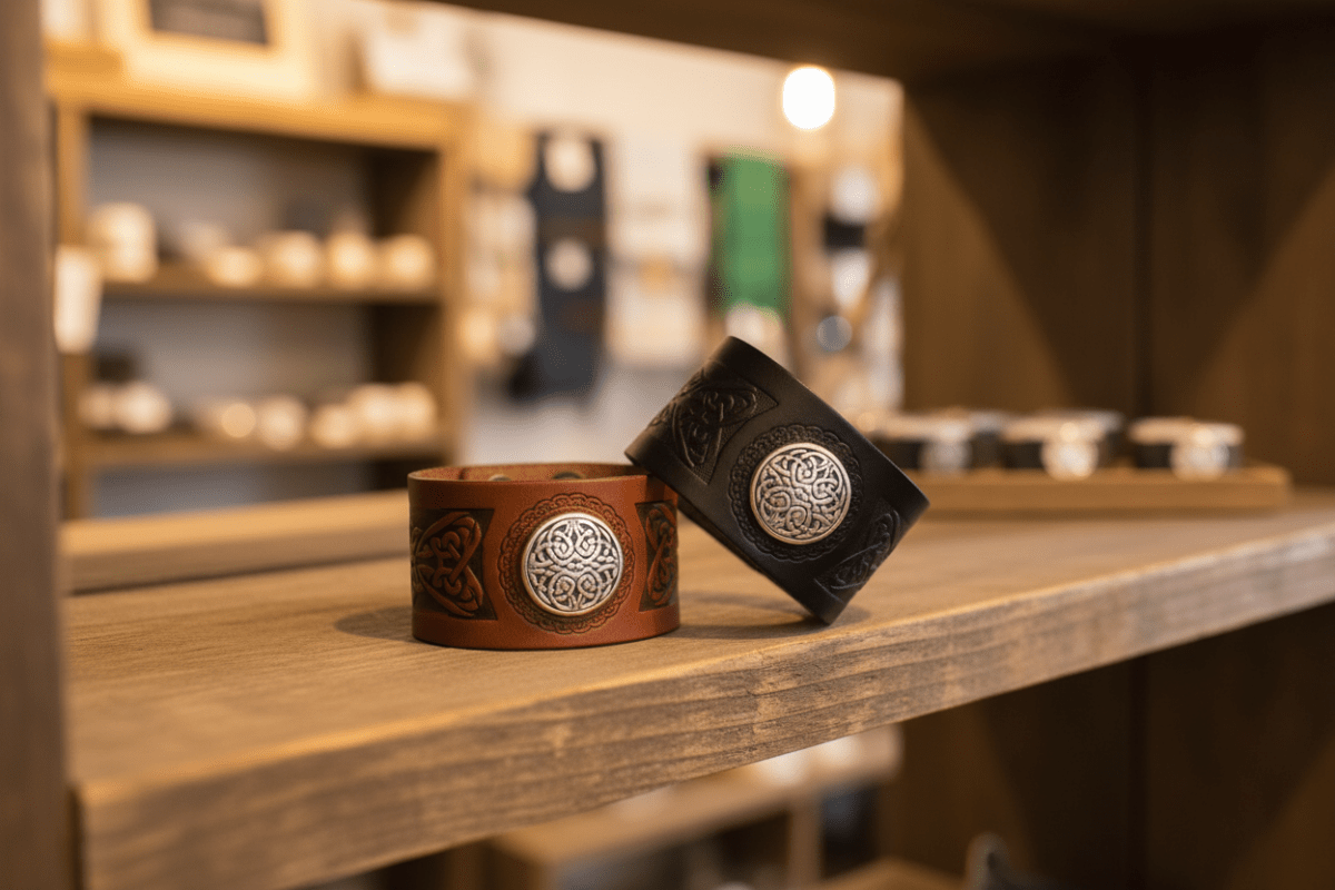 Dara Snap Cuff: handmade in Cork, Ireland; leather band with eternal knot silver concho and snap lock clasp; 7 and 7.5.