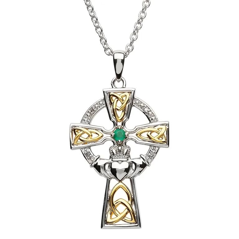 Diamond and Emerald Silver and Gold Celtic Cross Claddagh Necklace - Lg - The Celtic Gift Store - Necklaces