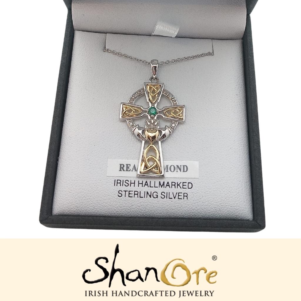 Diamond and Emerald Silver and Gold Celtic Cross Claddagh Necklace- Lg