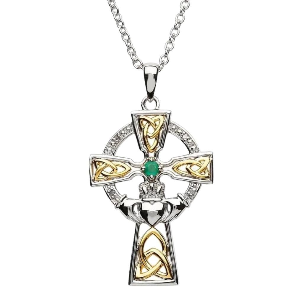 Diamond and Emerald Silver and Gold Celtic Cross Claddagh Necklace- Lg