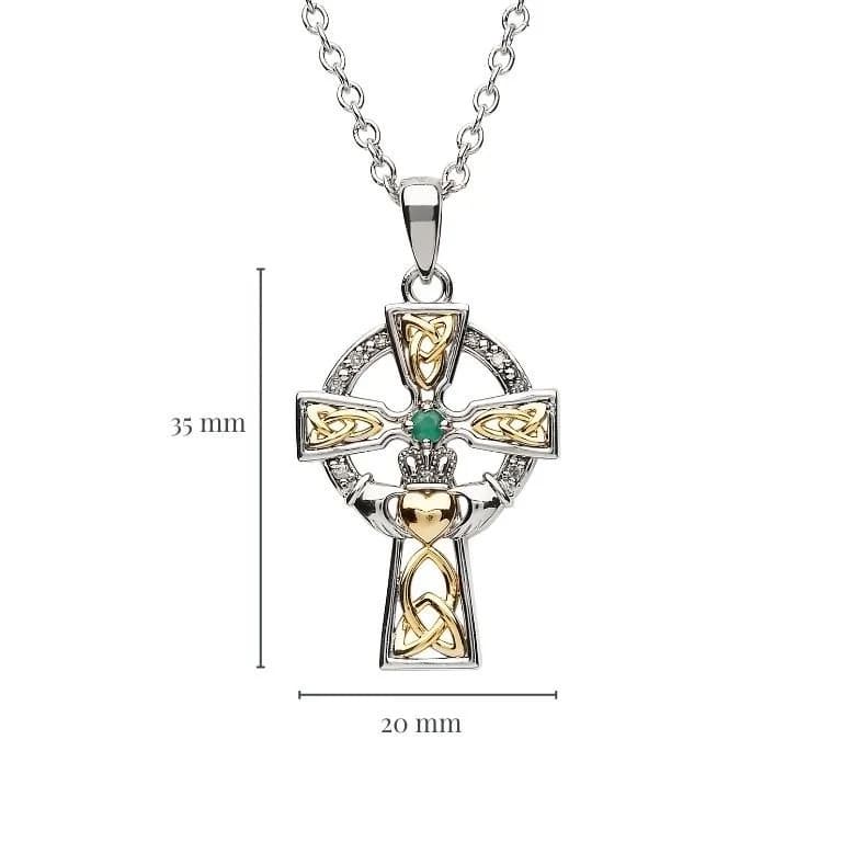 Diamond and Emerald Silver and Gold Celtic Cross Claddagh Necklace - Lg - The Celtic Gift Store - Necklaces